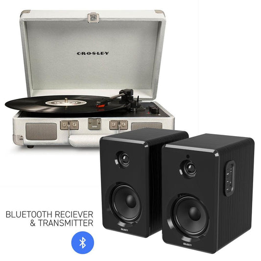 Crosley Cruiser Bluetooth Portable Turntable - White Sands + Bundled Majority D40 Bluetooth Speakers - Black-Crosley-Mood